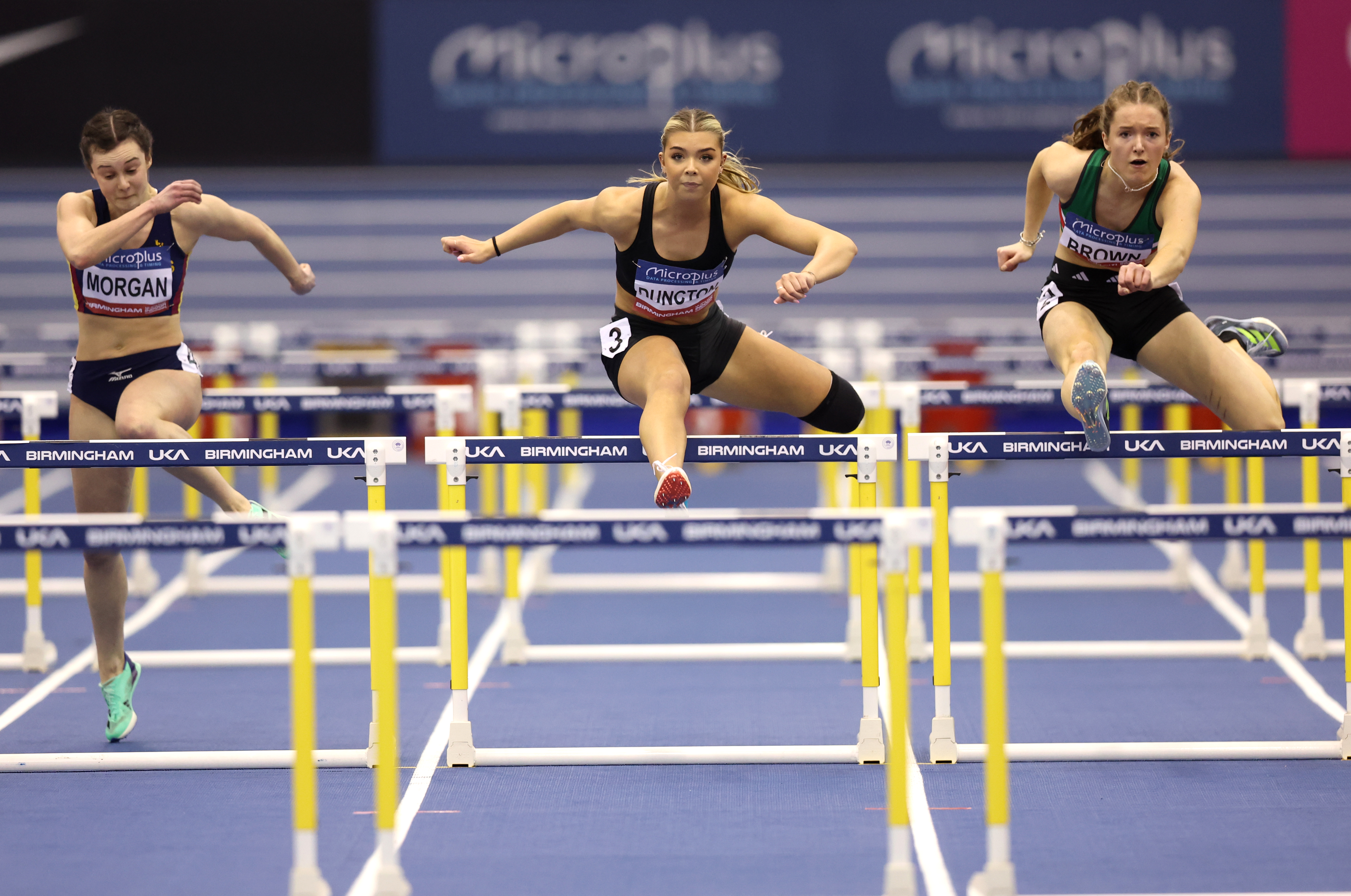 Grace Morgan competing in the 60m hurdles at the 2024 Microplus UK Athletics Indoor Championships